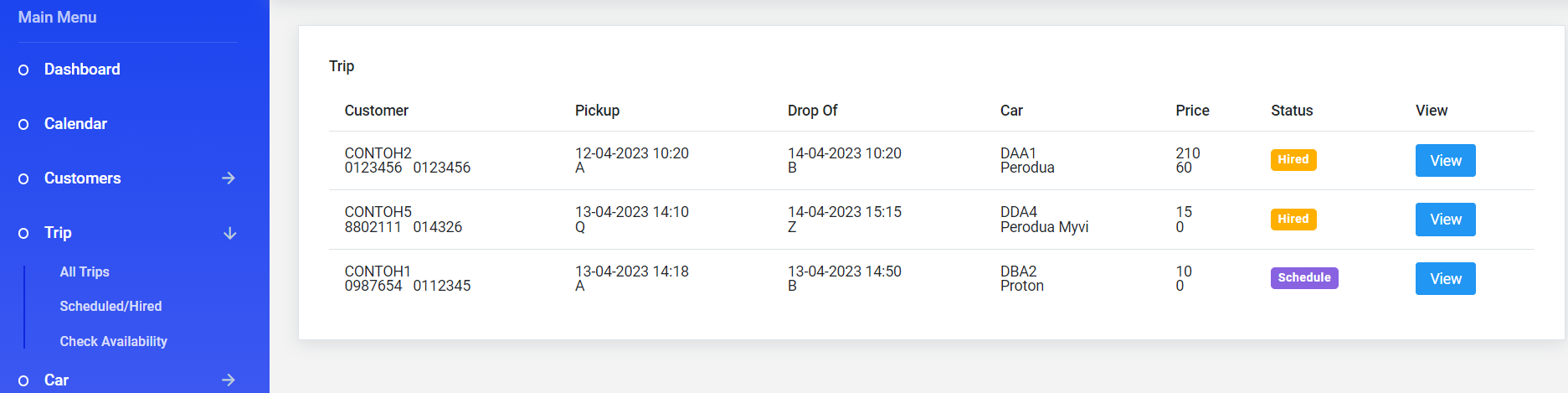 scheduled/hired